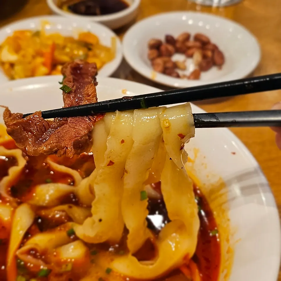 Wide knife-cut noodles lifted up with chopsticks