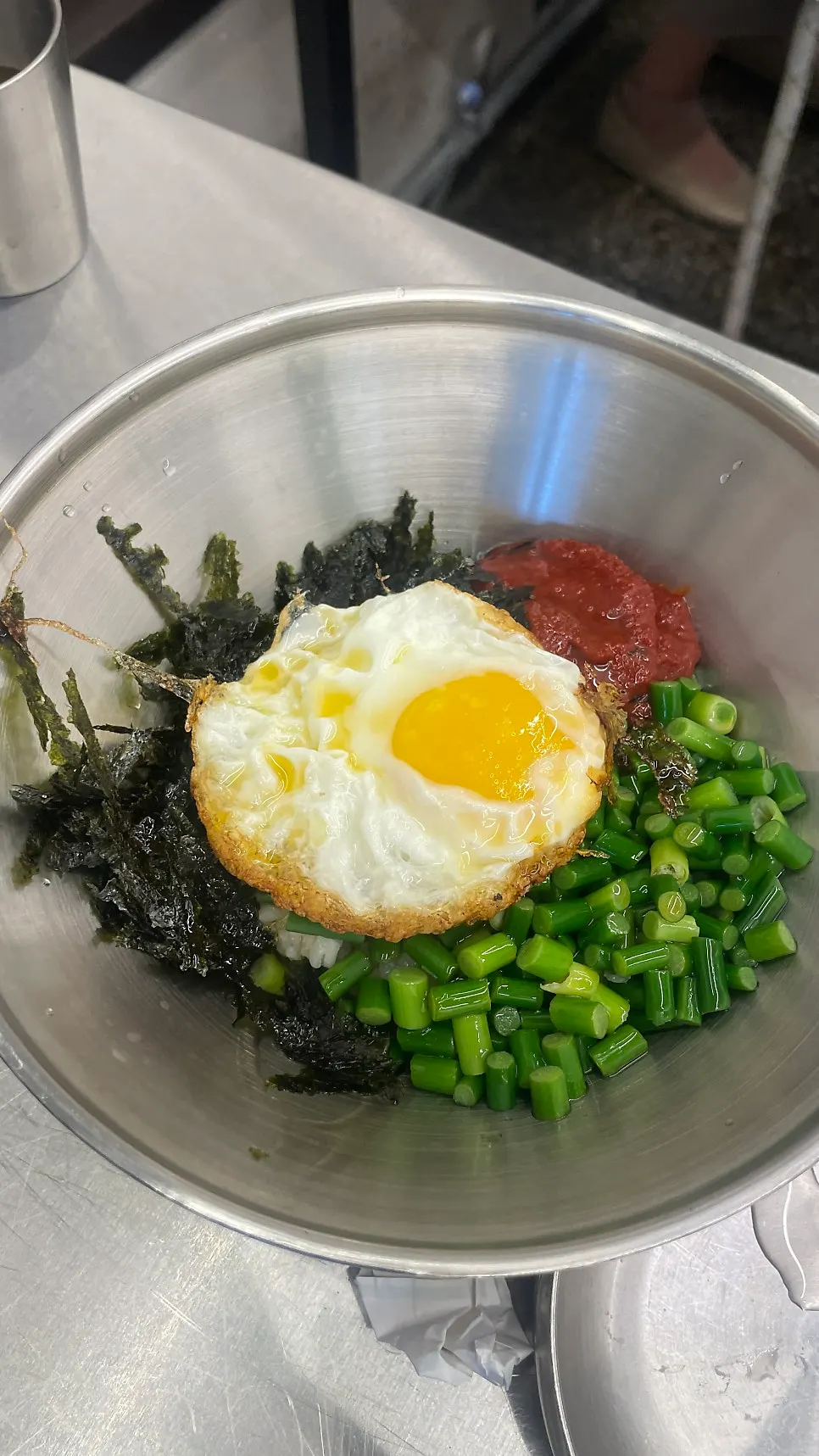 Garlic scape bibimbap with spicy seasoning