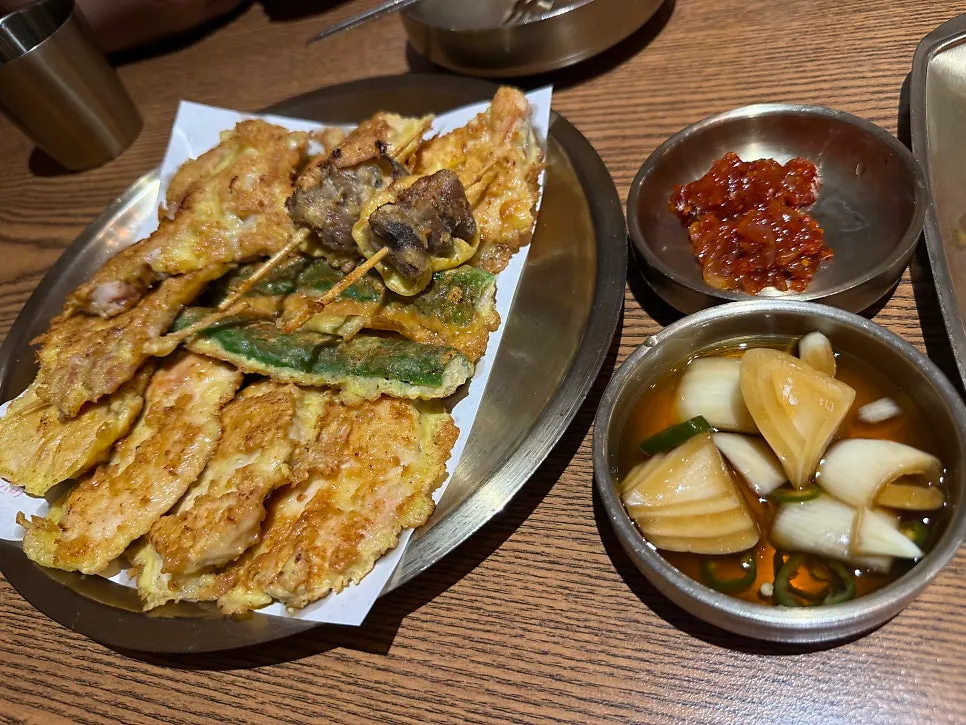 Assorted chicken jeon made from different parts of the bird