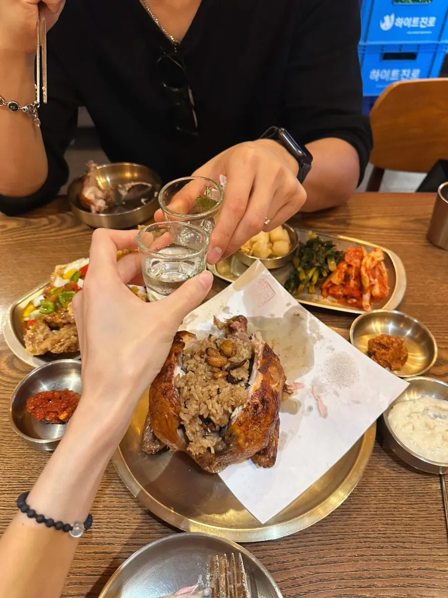 Chicken neck tangsuyuk with a shot of soju