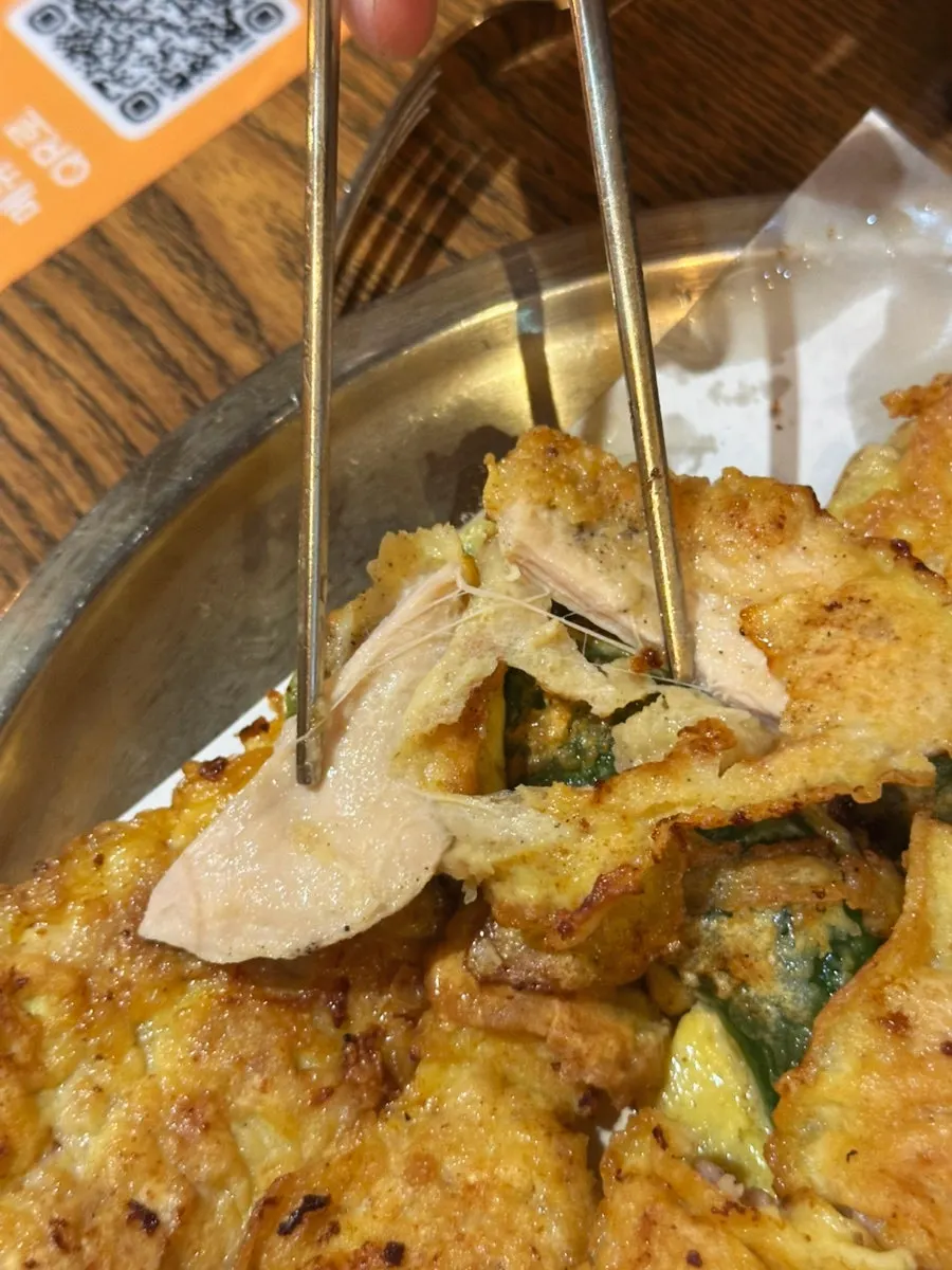 Close-up of chicken breast jeon