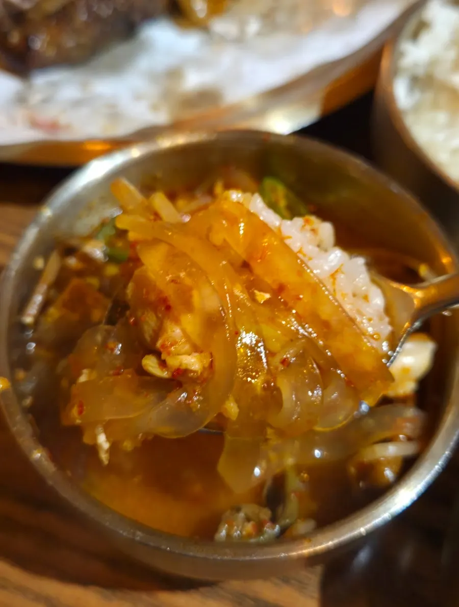 Close-up of the spicy broth in Gyeryugwan's dakgaejang