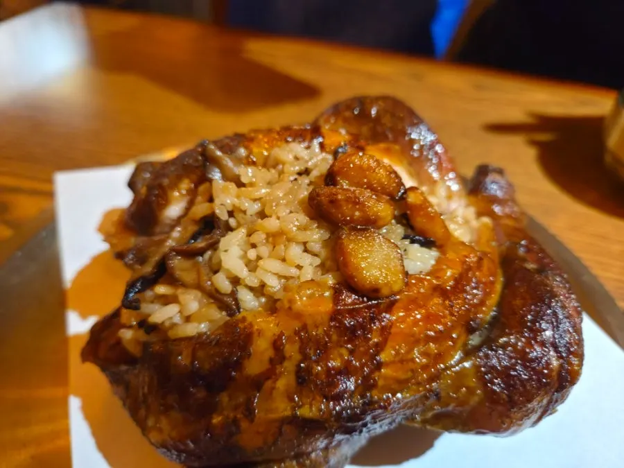 A whole oak-fired nutty mushroom chicken at Gyeryugwan