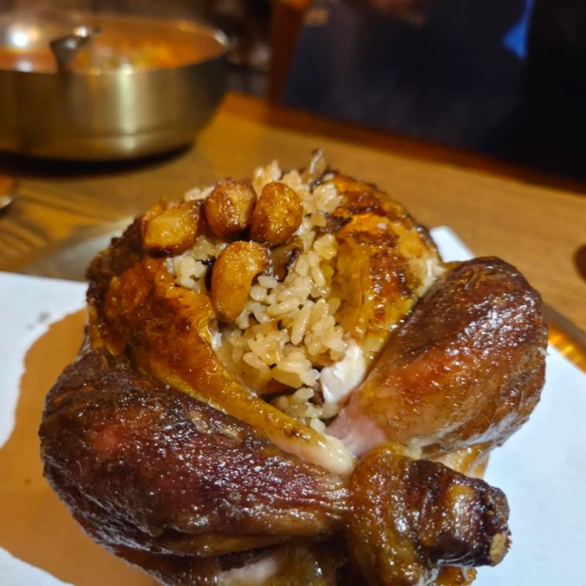 Fired chicken stuffed with nutty mushroom and rice