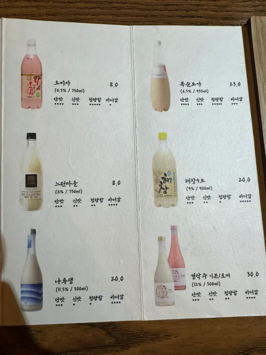 계류관 주류와 사이드 메뉴 안내