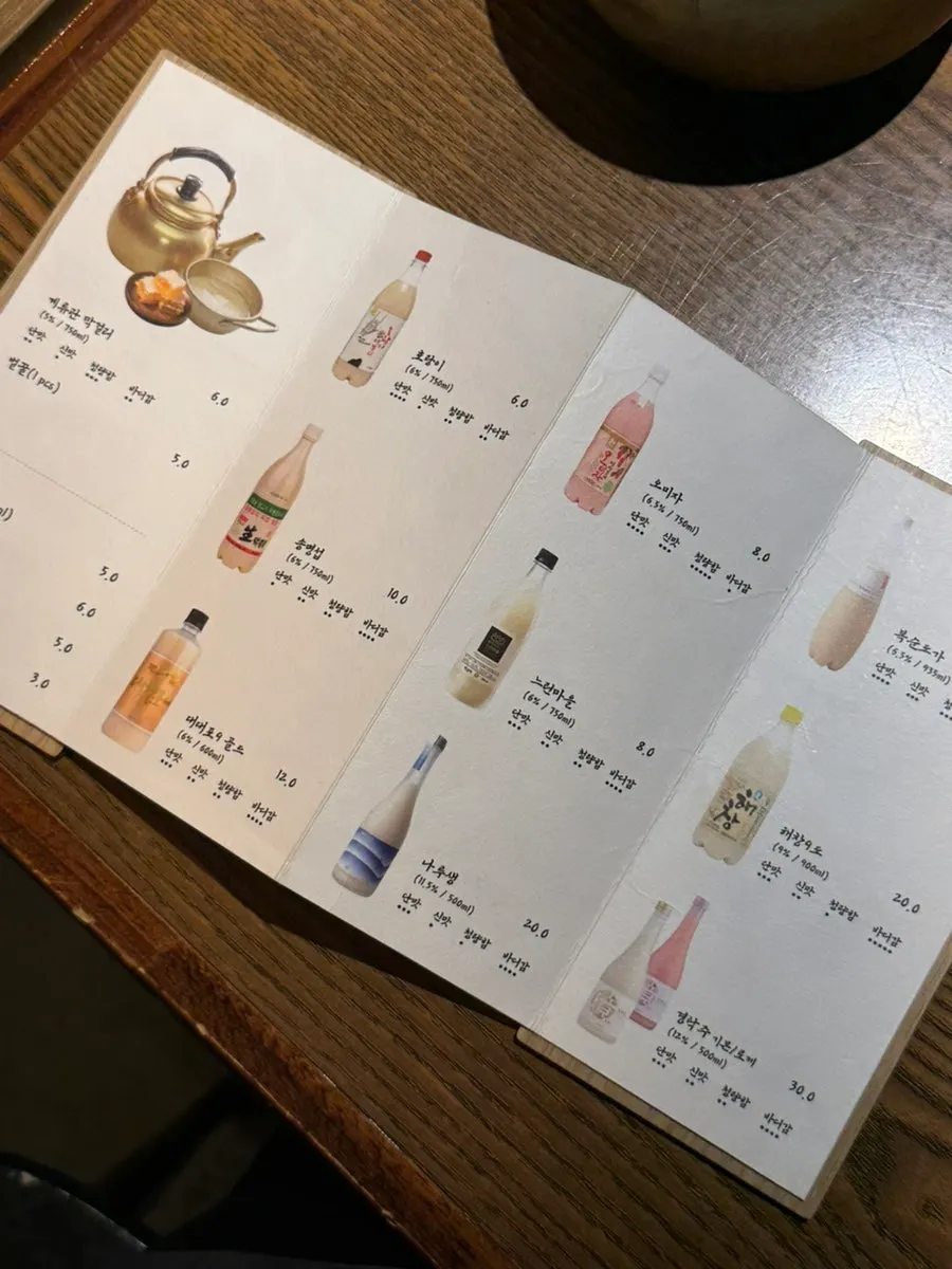 Menu page including drinks