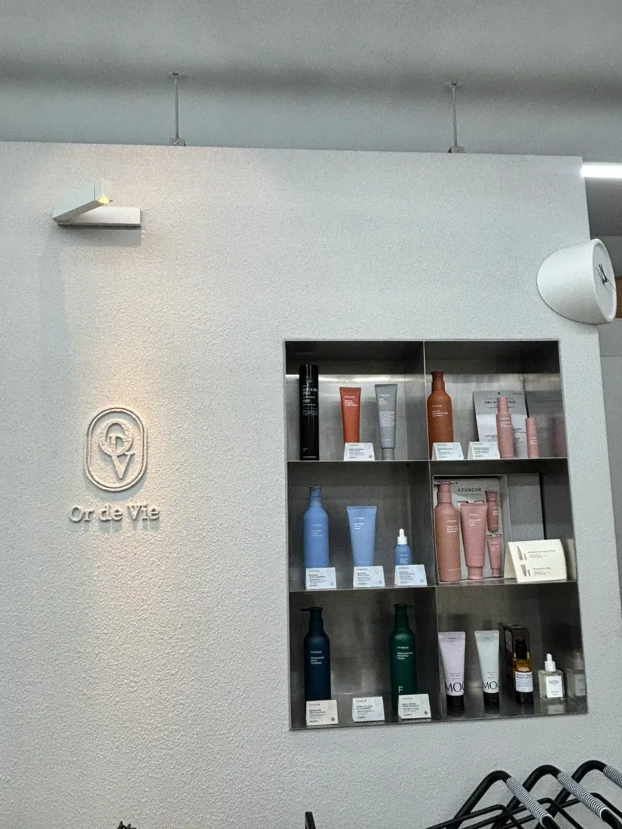 Hair products displayed in the salon