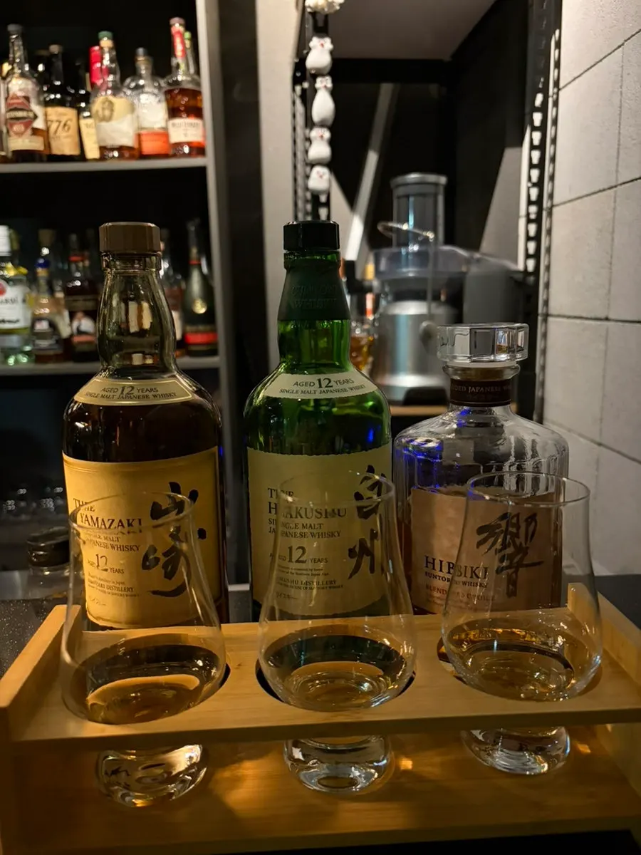Three glasses of the Japanese whisky sampler