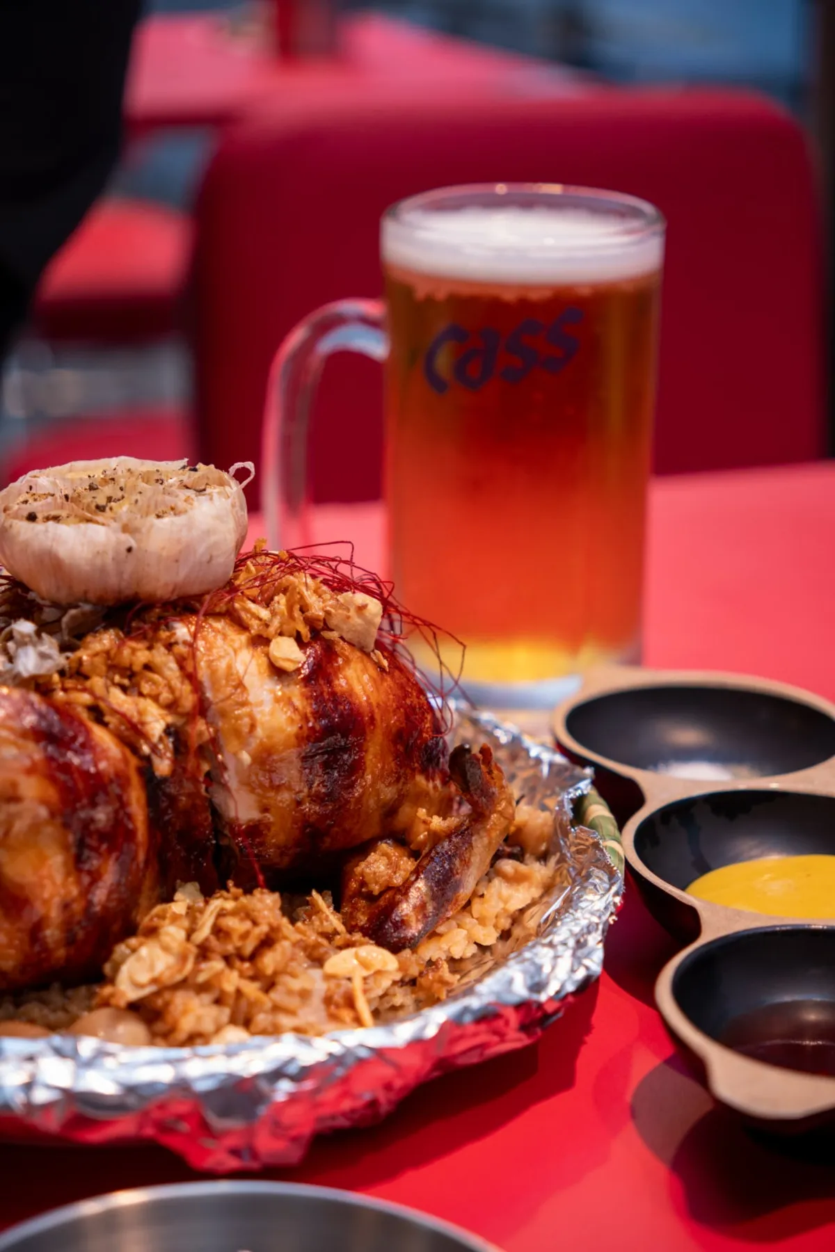 Cold draft beer ordered with the golden chicken