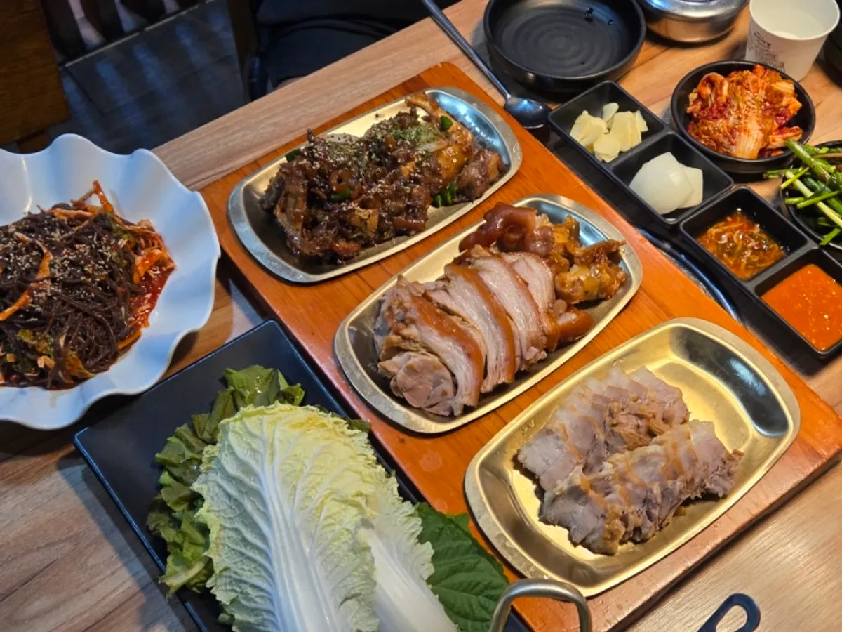 Soy garlic jokbal, basic jokbal, and bossam served together as the combo of 3