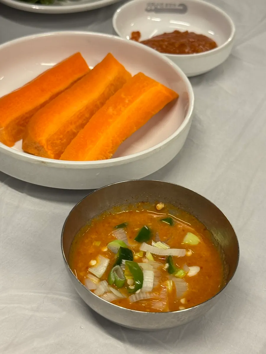 Young radish kimchi and dipping sauces for makchang