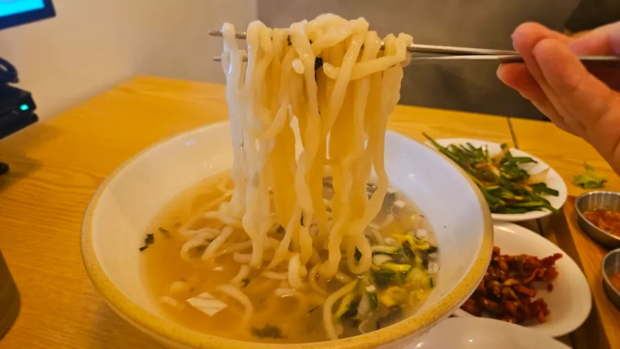 Bowl of kalguksu with fresh handmade noodles