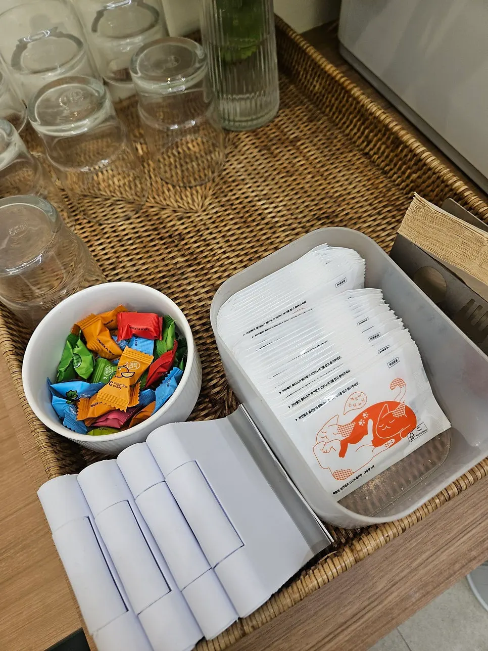 Table set with wet wipes and tissues
