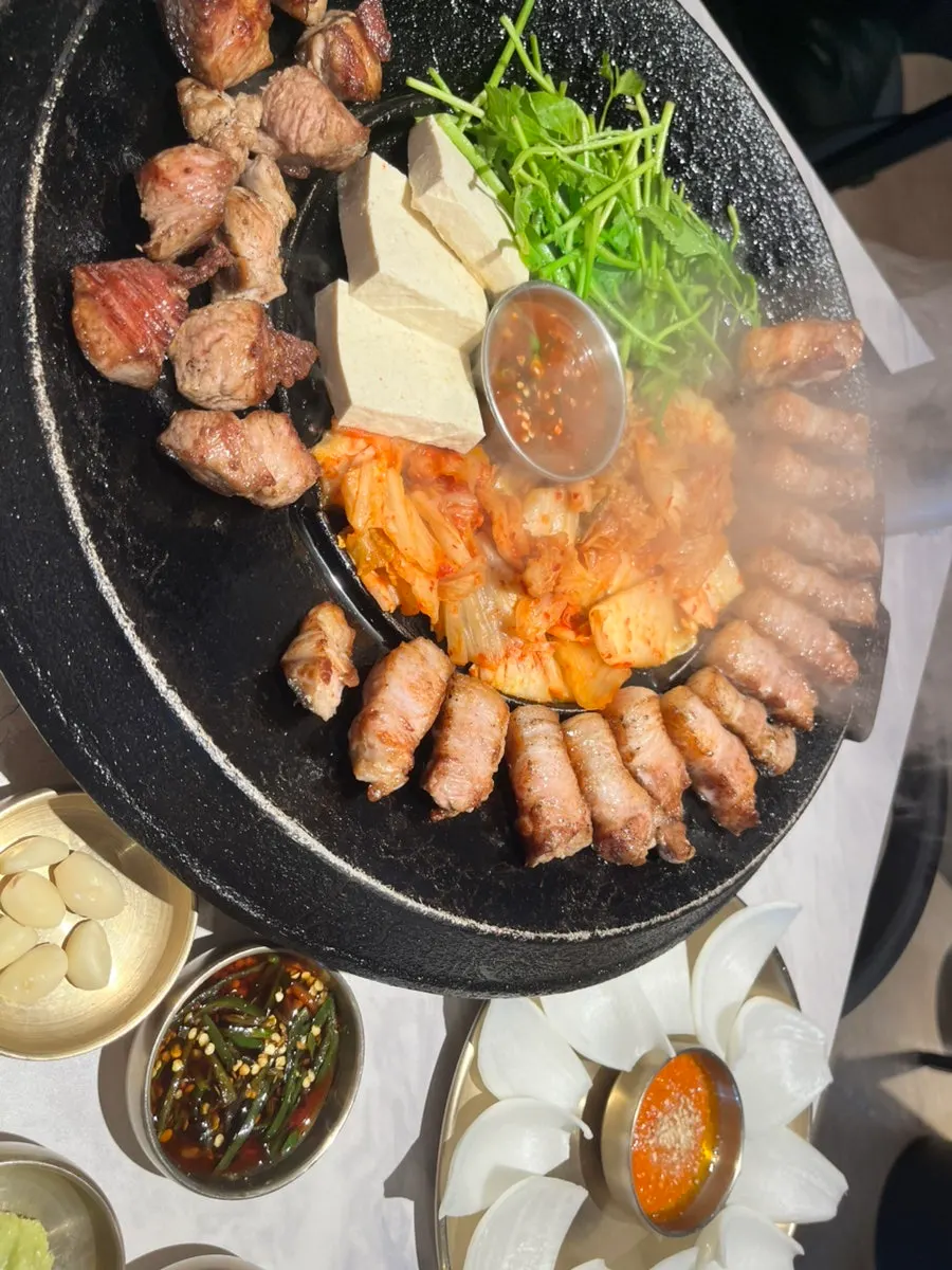 Meljeot, minari, tofu, and kimchi accompaniments
