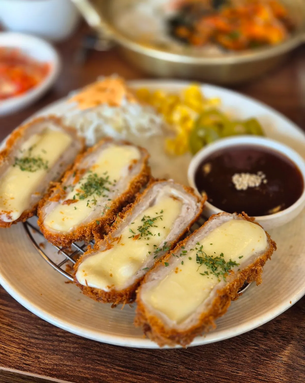 Close-up of freshly fried cheese donkatsu