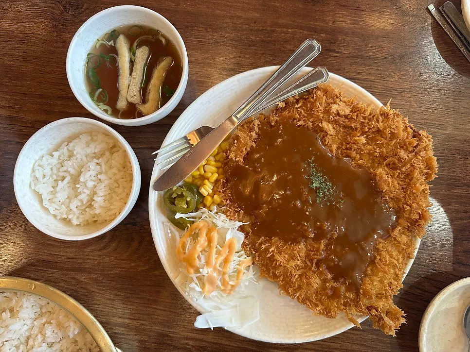 A plate of old-school pork cutlet topped with sauce