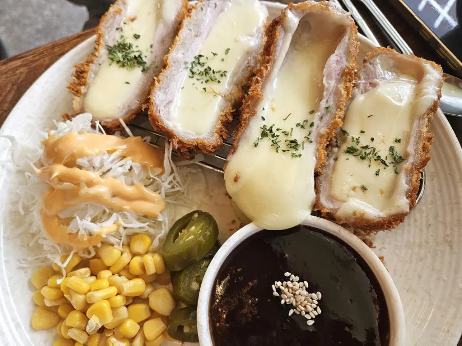 Cheese donkatsu with rice and salad