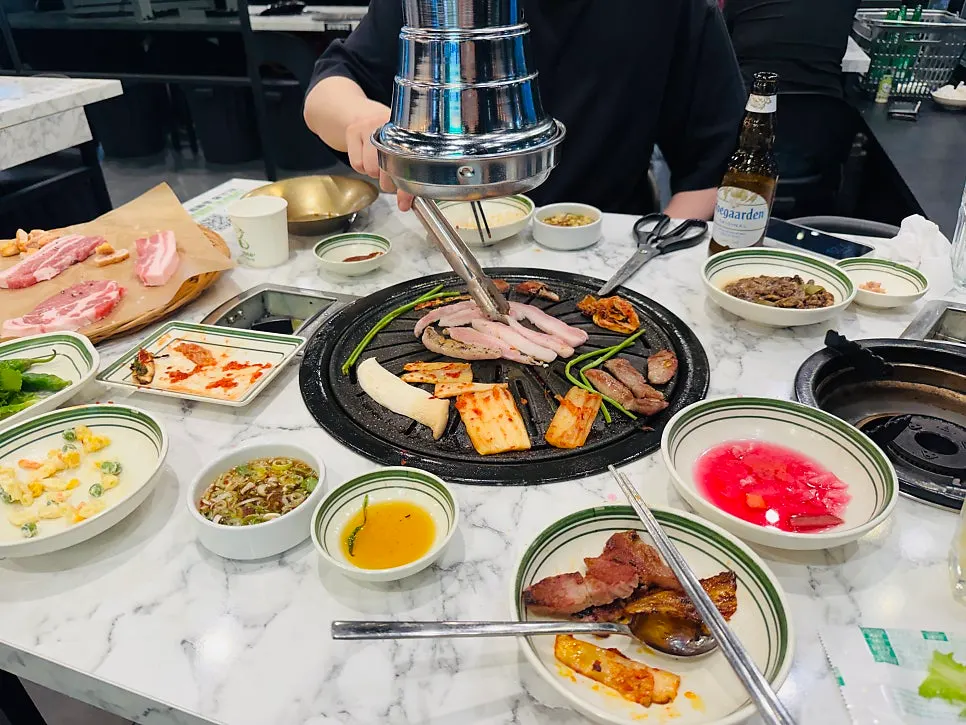 Dinner with grilled meat and beer
