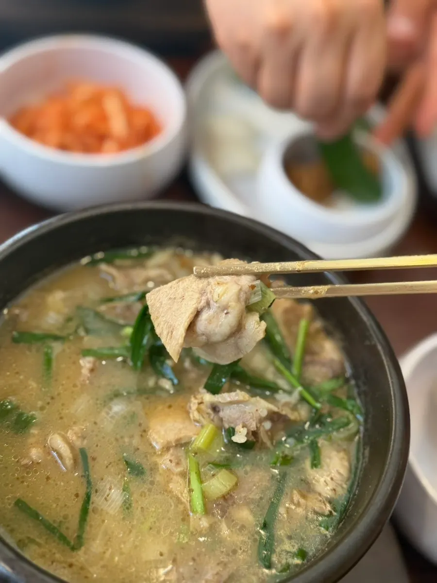 돼지국밥 국물과 건더기 클로즈업