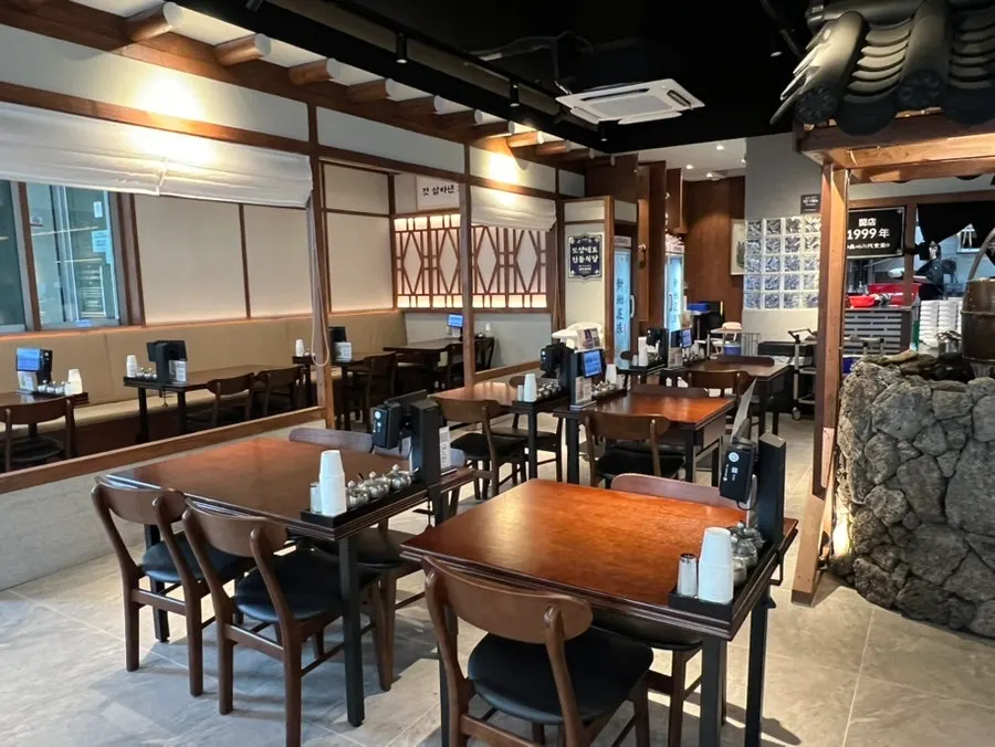 Spacious dining hall with tables