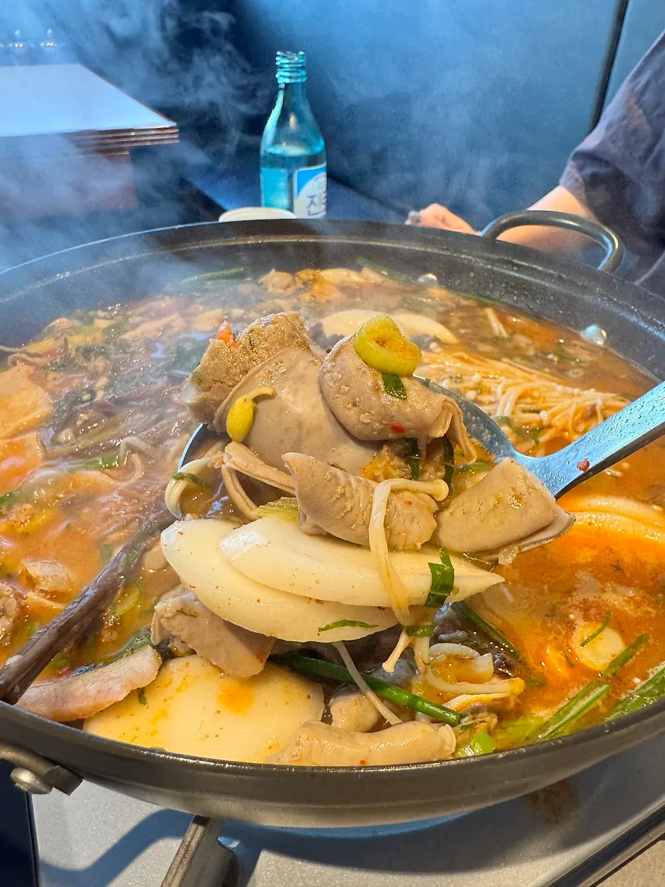 Jeongol pot filled with sundae, gopchang, and fern
