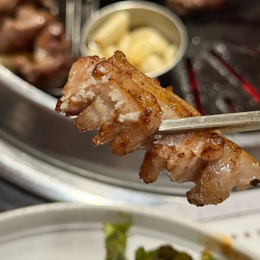 접시에 놓아준 첫 점의 구운 고기