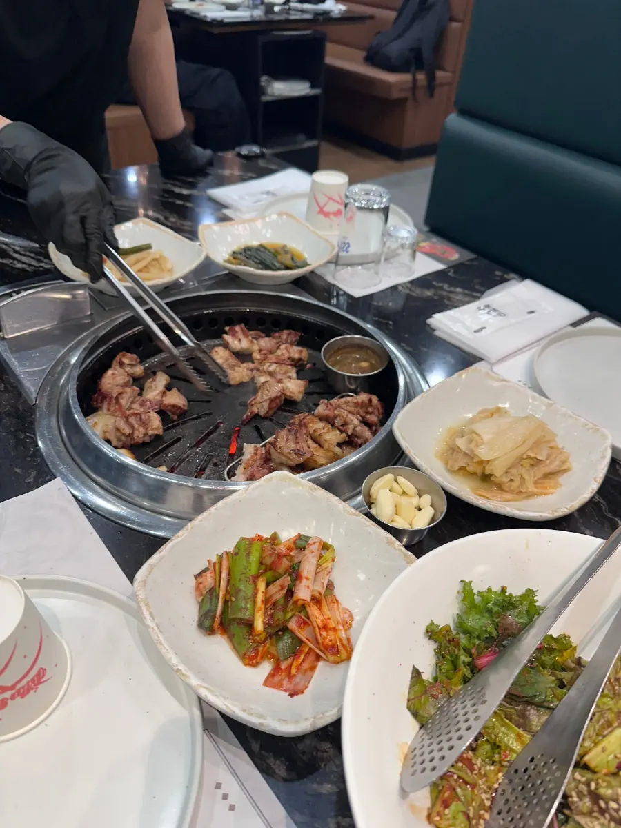 Plate of meat with ssamjang, wasabi, and salt