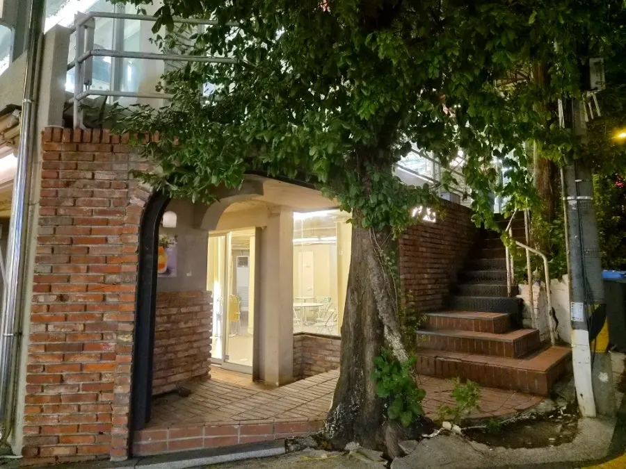 카페 아래에서 올려다본 저녁 외관