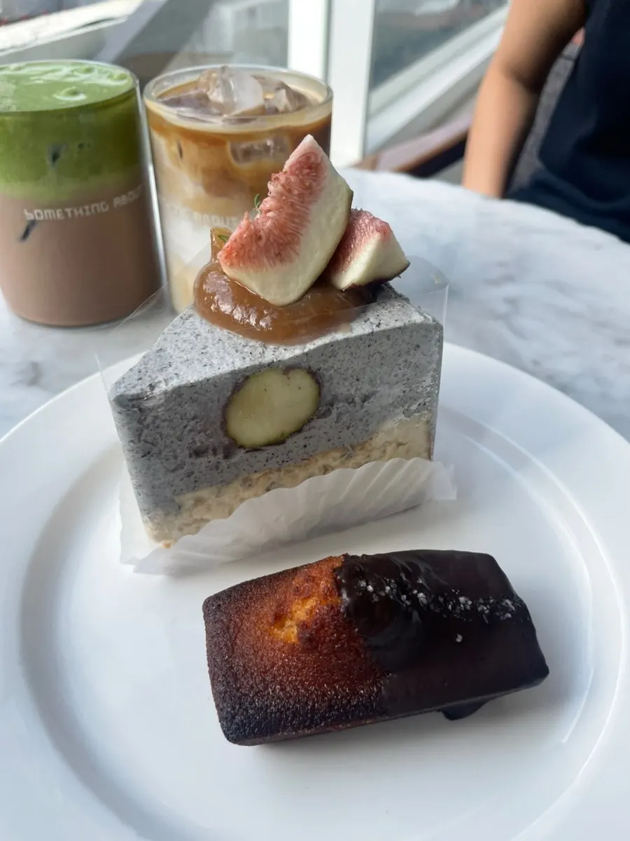 Matcha cream choco latte and cake set on the table
