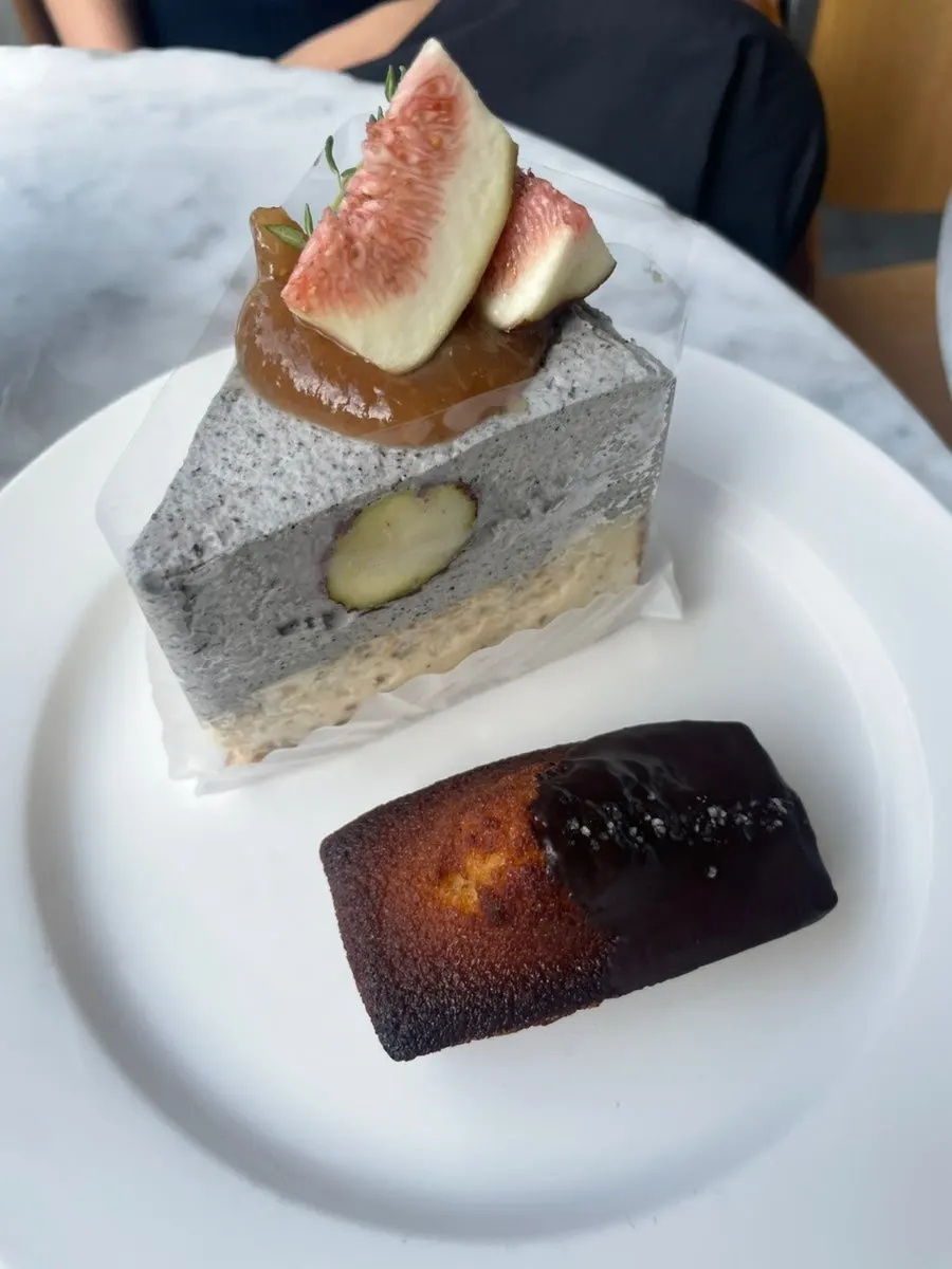 A slice of black sesame fig cheesecake
