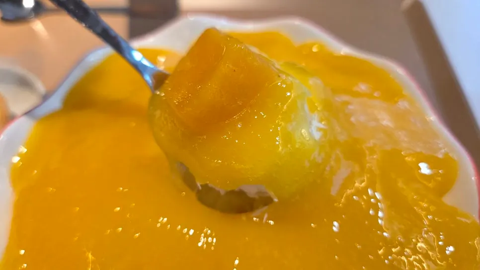 Mango and ice scooped together in one spoonful