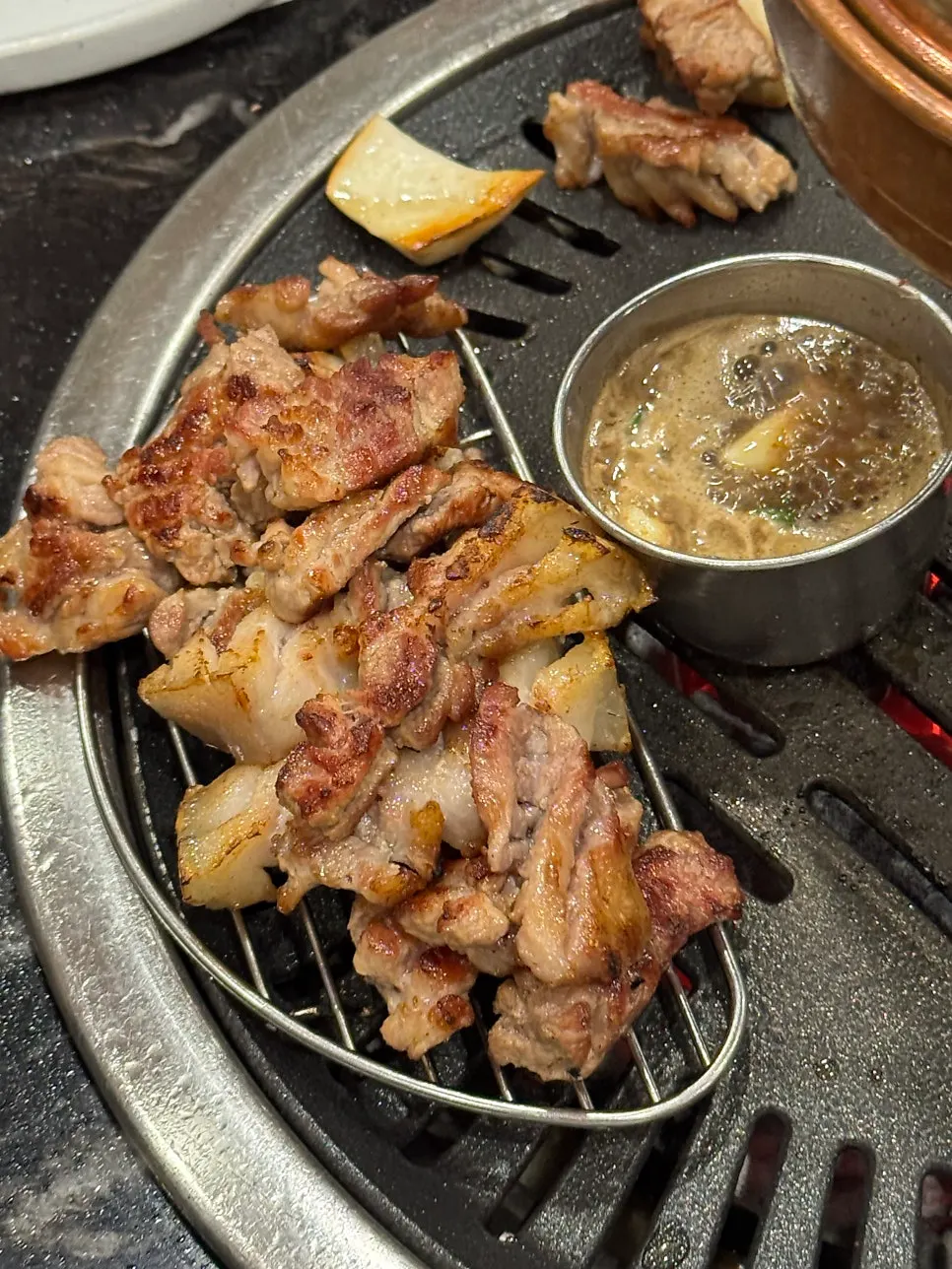 Close-up of grilled black pork belly