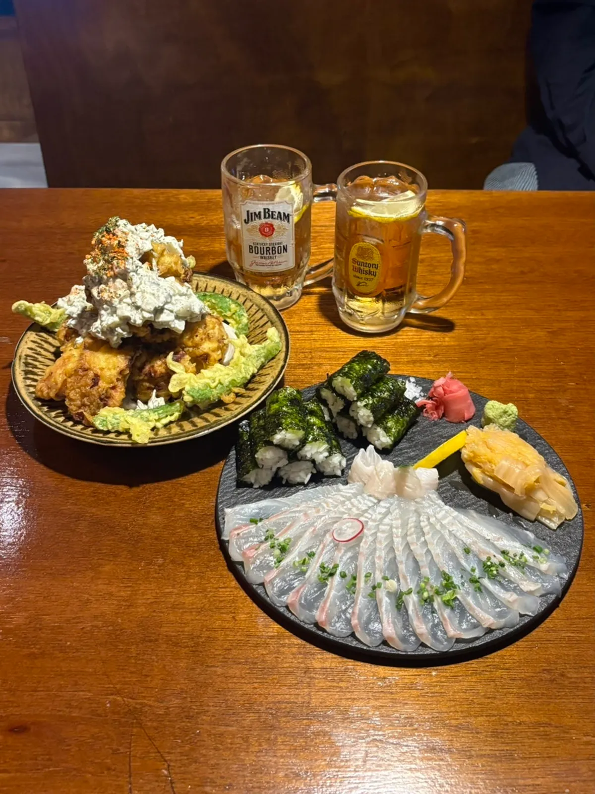 Table set with flounder sio sanhap and chicken nanban