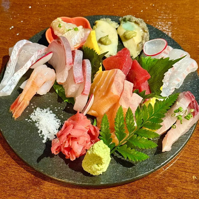 Sashimi plate with sweet shrimp, salmon and tuna