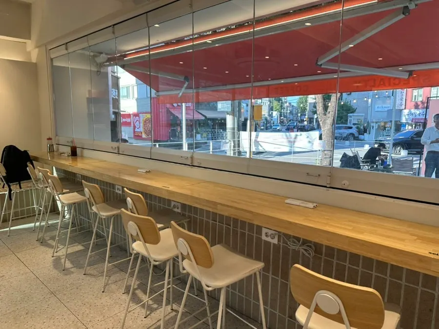 Tables and chairs inside the café