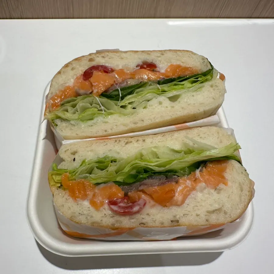 Smoked salmon ciabatta sandwich and mocha blend americano