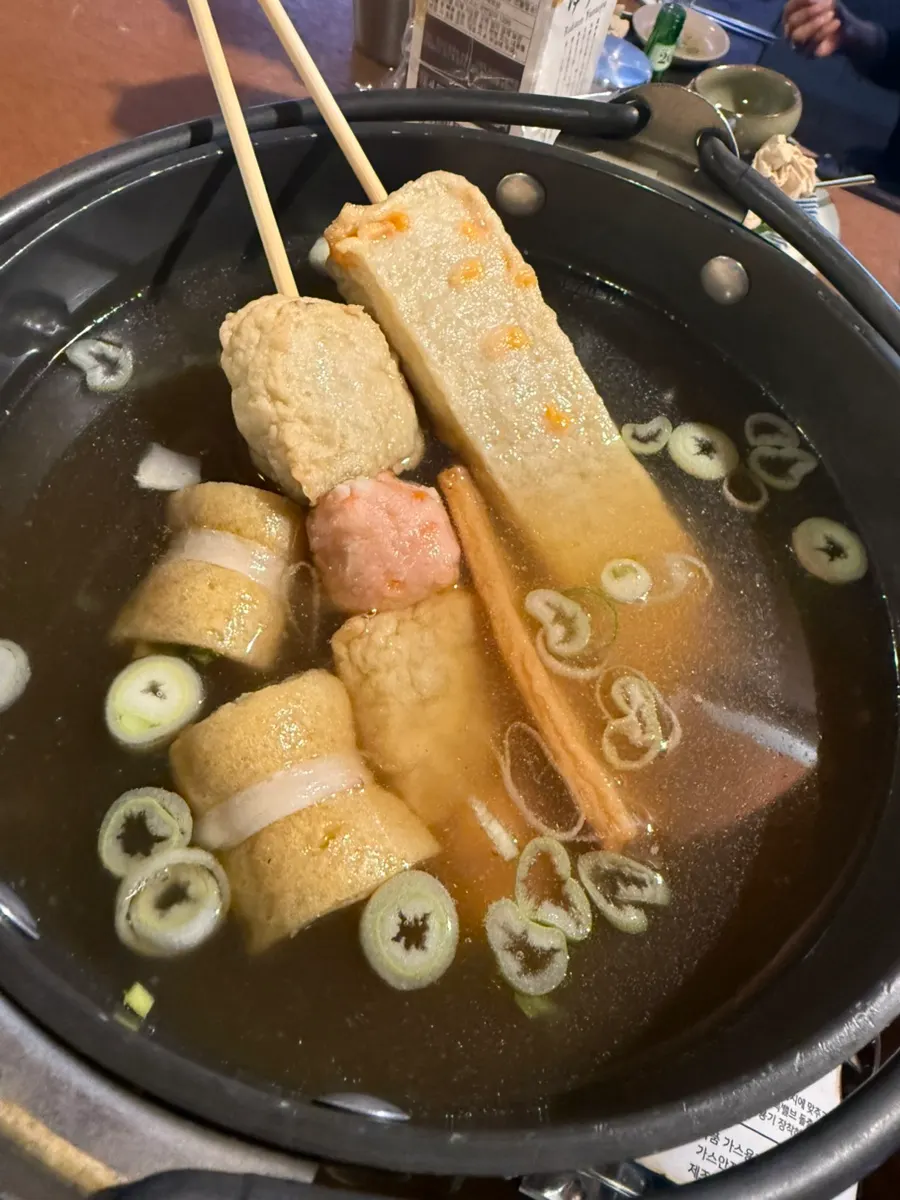 First round order of cheese oden, shrimp dumpling, yubu roll, and gamaboko