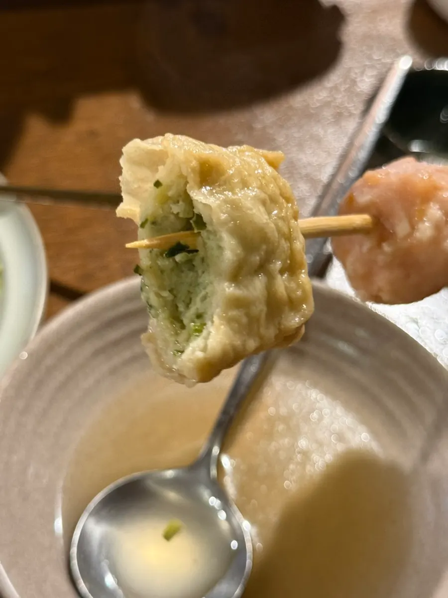 Shrimp dumpling skewer alternating shrimp balls and dumplings