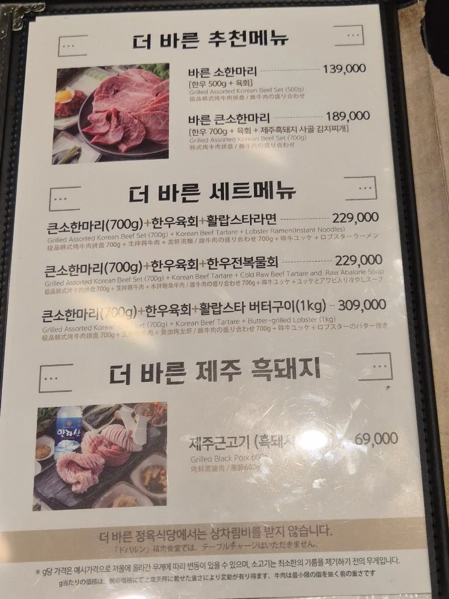 Meat menu board at Deo Bareun Jeongyuk Sikdang