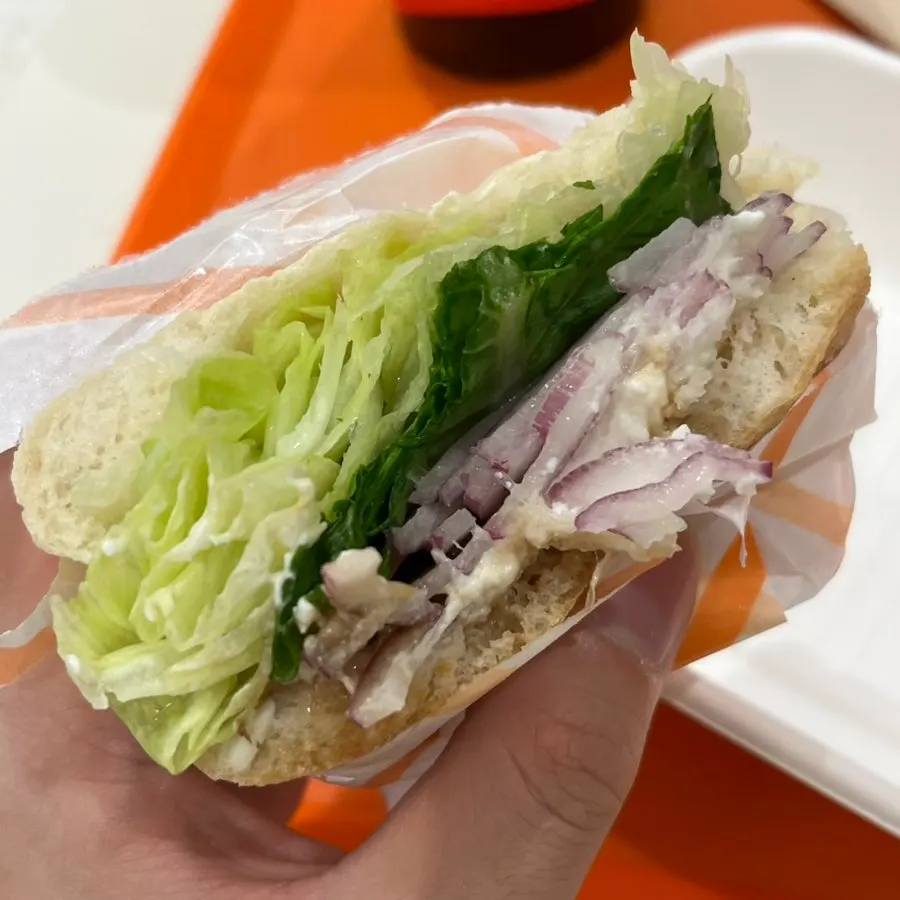 Cross-section of a generously filled ricotta cheese sandwich