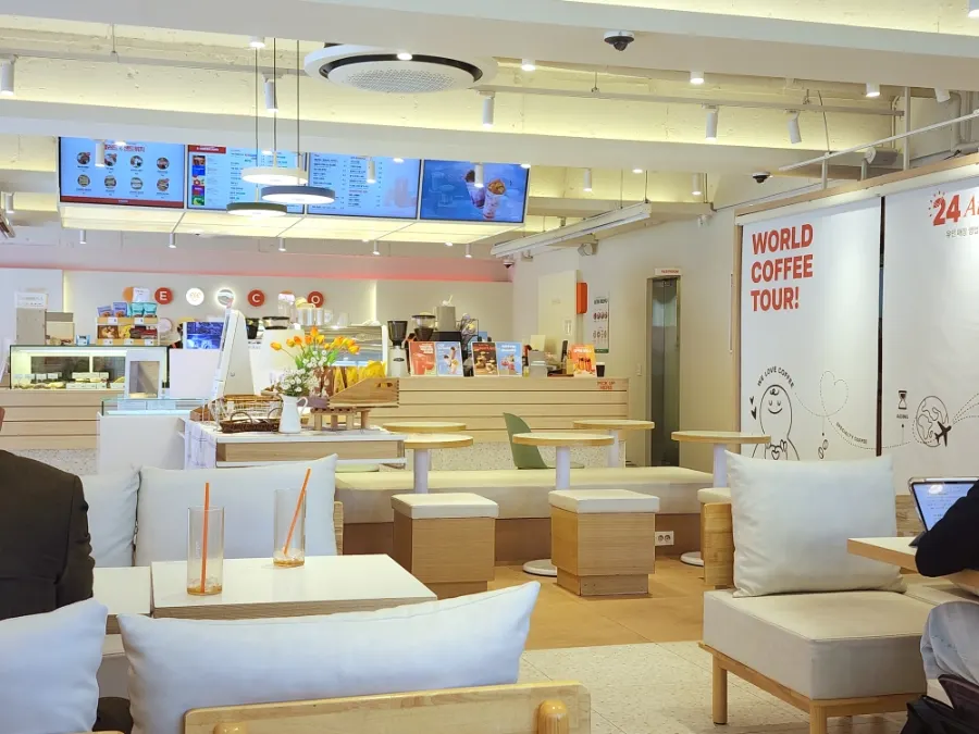 Bright, spacious seating area inside the café