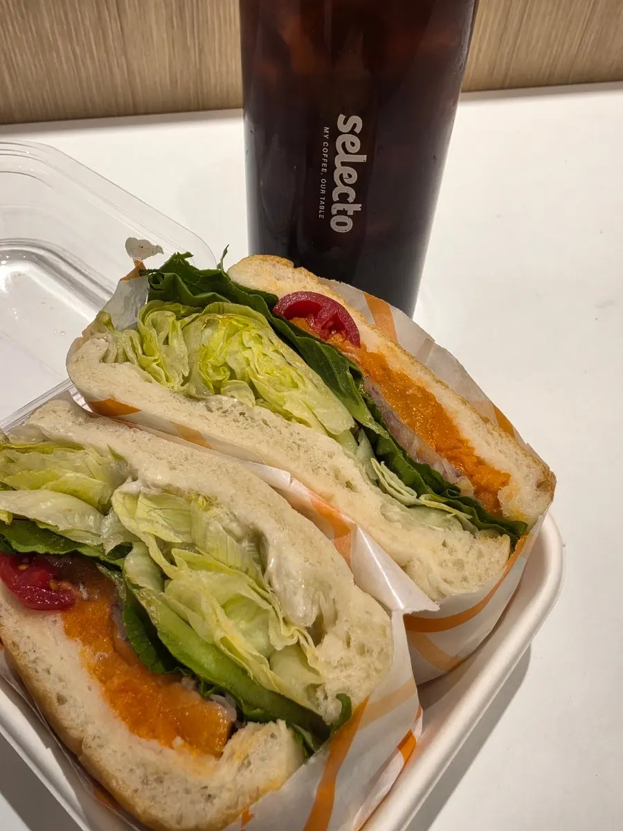Vertical view of the sandwich and coffee