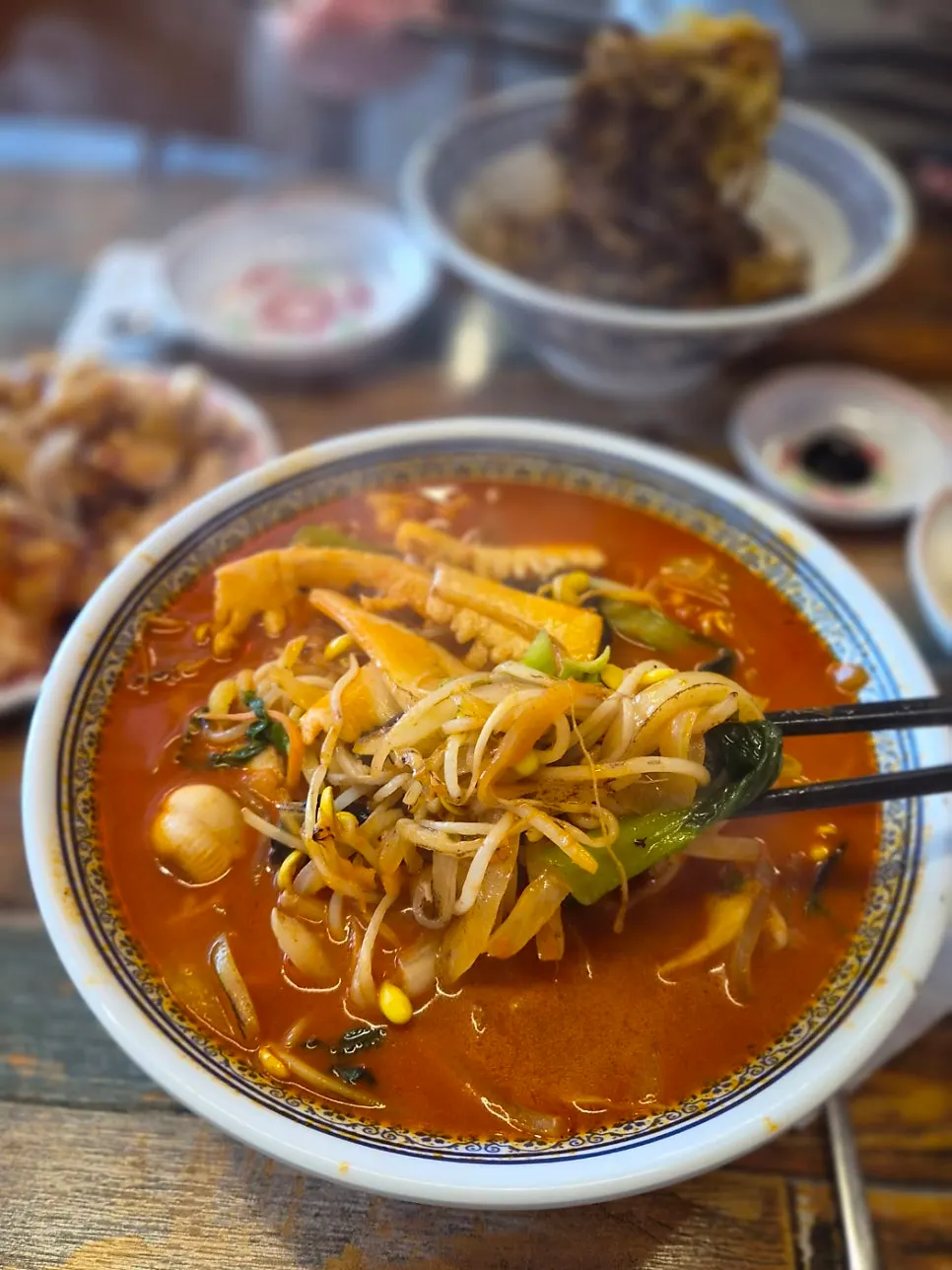 Close-up of jjamppong with lots of squid