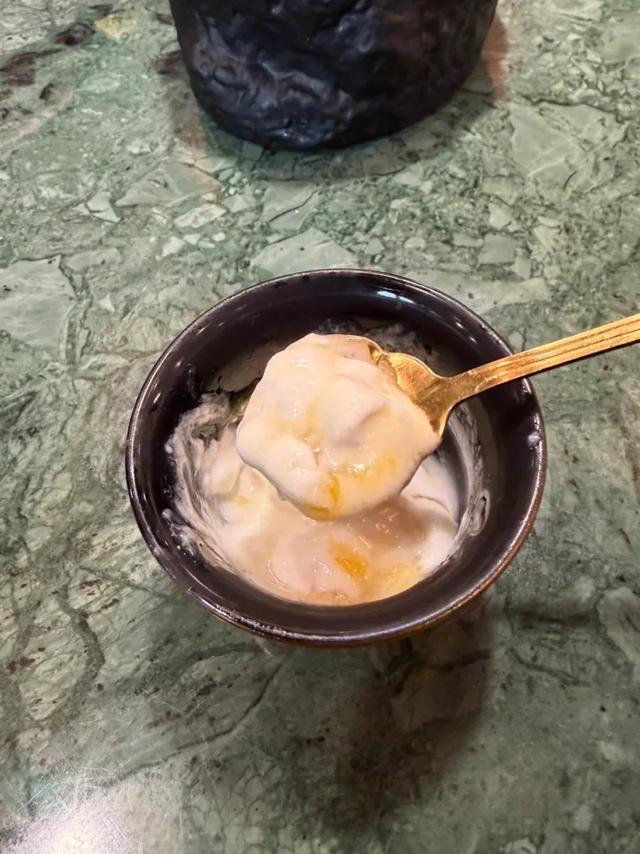 Mango sorbet and yuzu pudding served for dessert