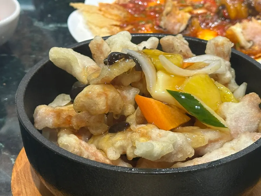 Close-up of the tangsuyuk, good for sharing among several people