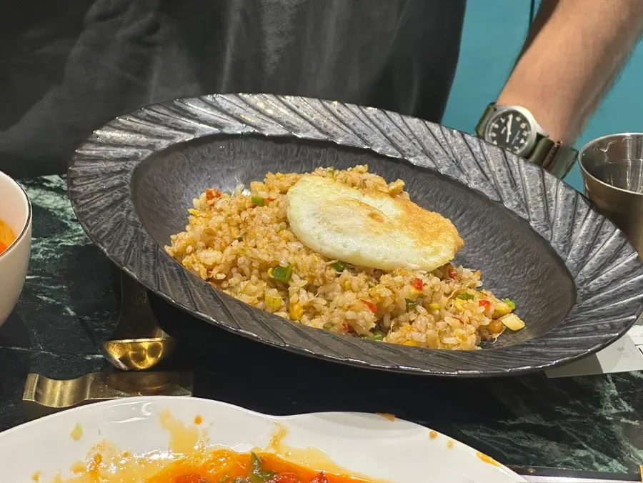 A bowl of tenpura kimchi fried rice