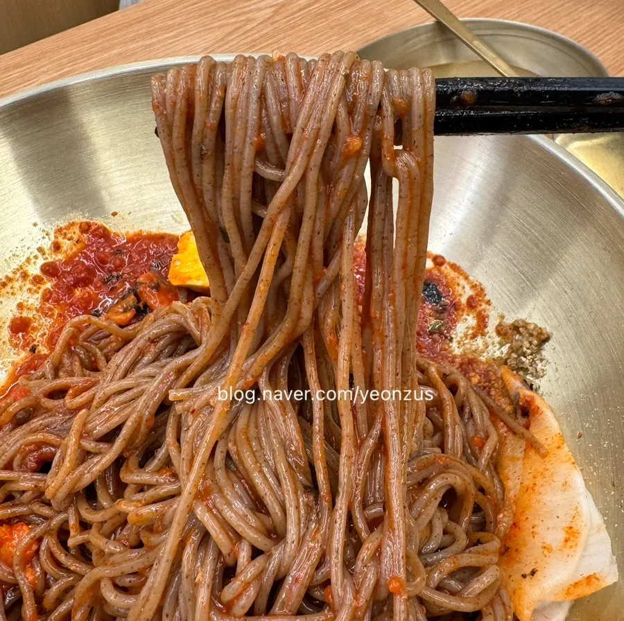 Close-up of the house-made makguksu noodles