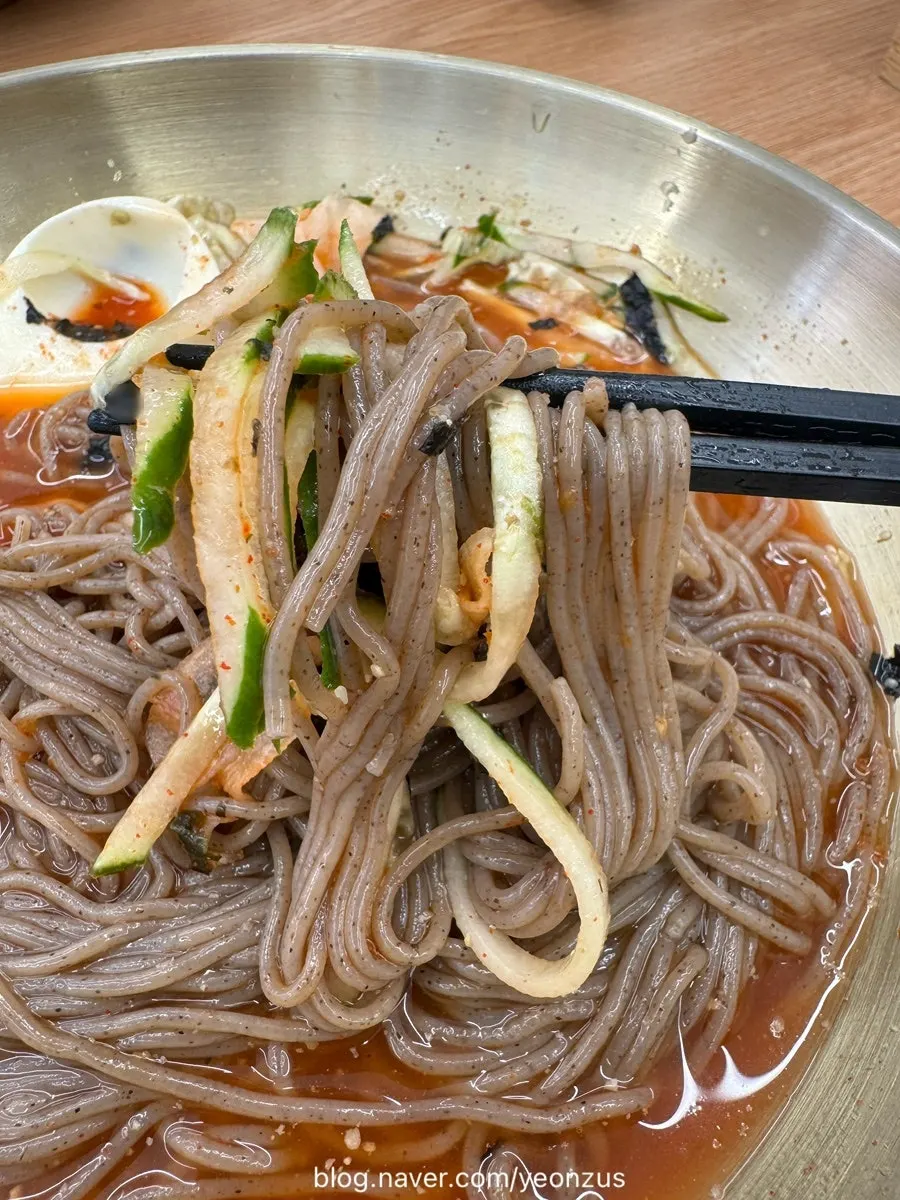 Broth of the spicy mul makguksu mixed with dongchimi