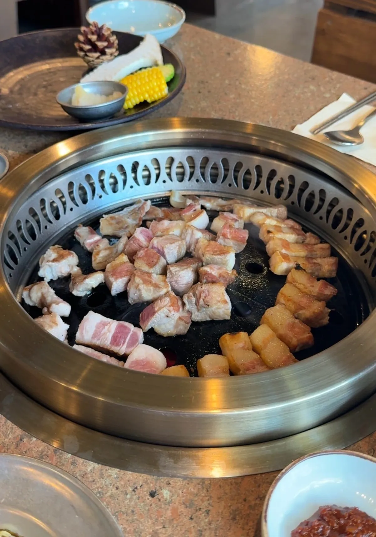 Meat meal with staff grilling service