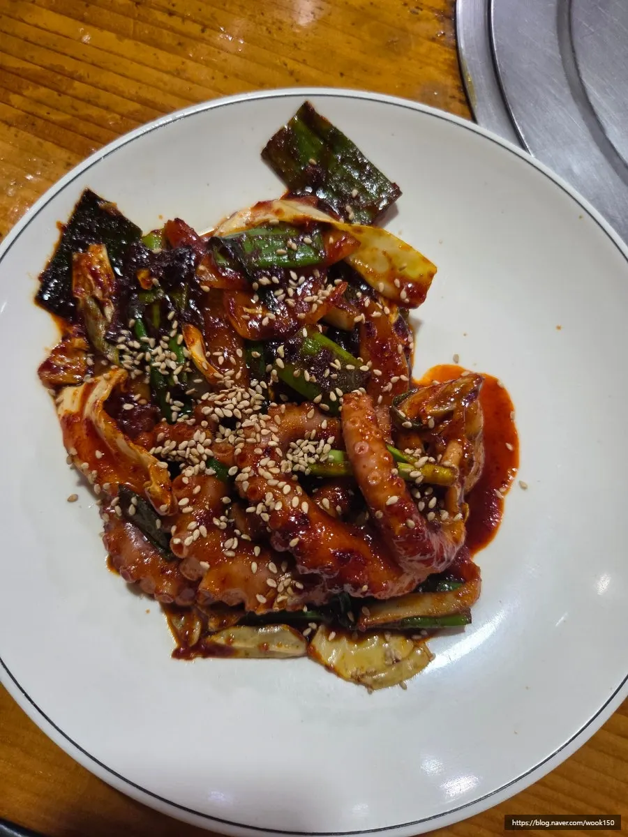 A plate of red-sauced nakji-bokkeum (stir-fried octopus)
